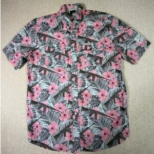 Grunt Style Men's L Pink Gray Hawaiian Print Short Sleeve Button Shirt Casual